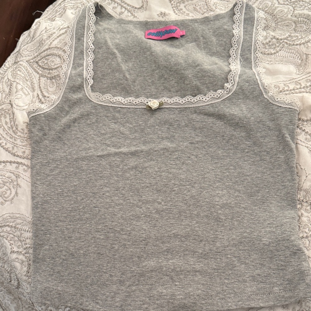 Edikted Gray Tank Top with White Lace Trim